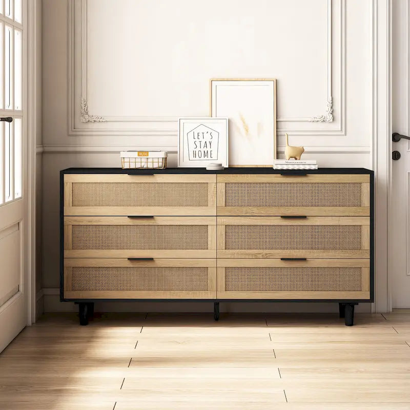 Black 6-Drawer Storage Cabinet with Natural Rattan Fronts