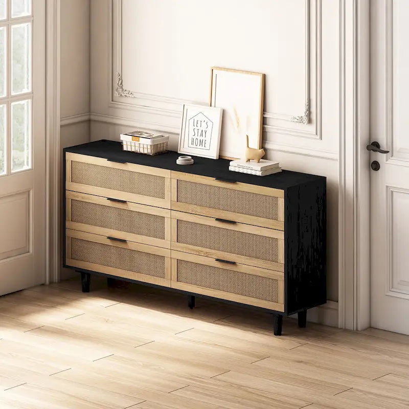 Black 6-Drawer Storage Cabinet with Natural Rattan Fronts