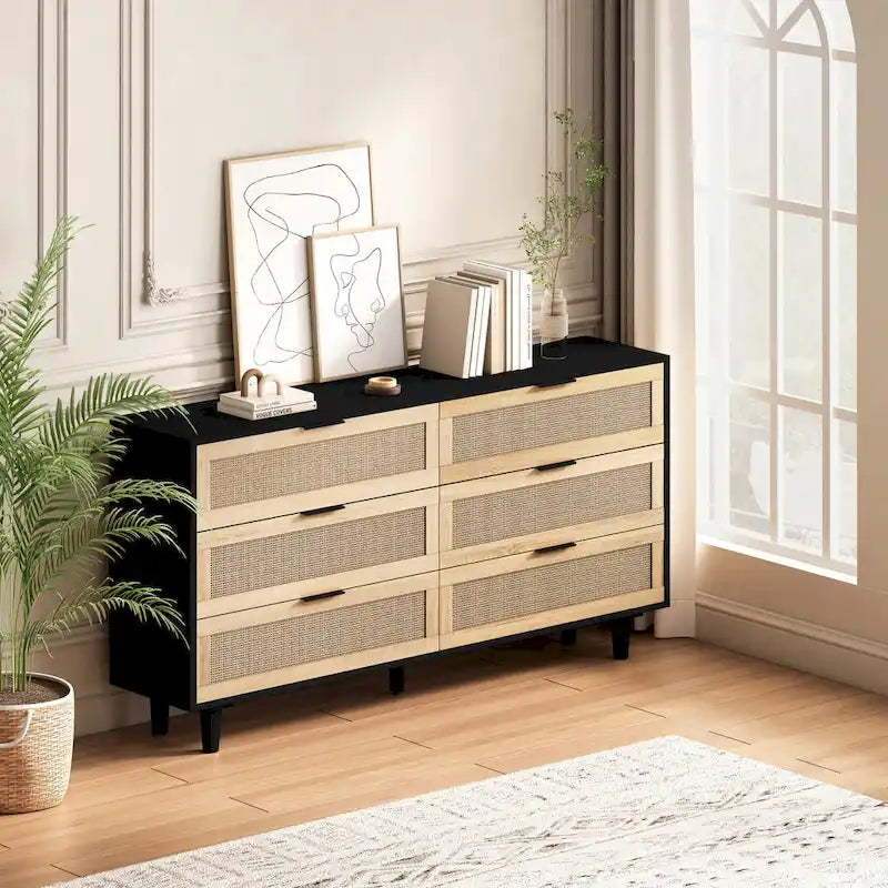 Black 6-Drawer Storage Cabinet with Natural Rattan Fronts