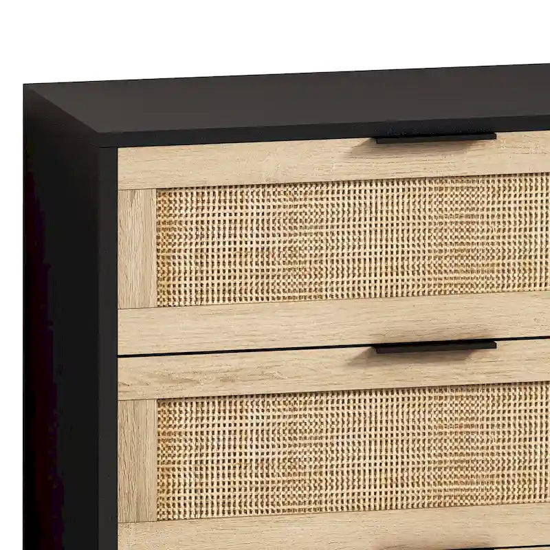 Black 6-Drawer Storage Cabinet with Natural Rattan Fronts