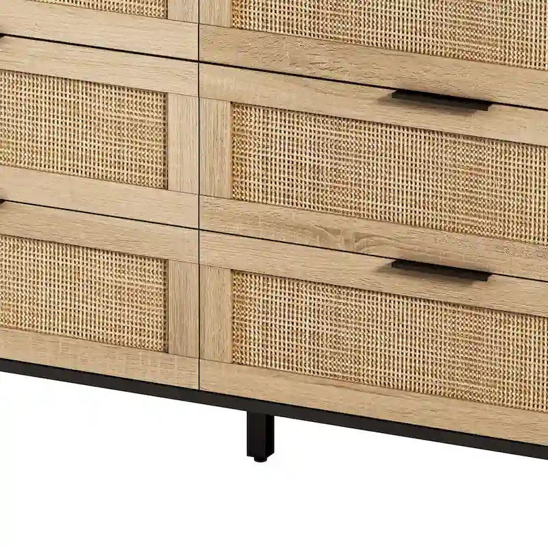 Black 6-Drawer Storage Cabinet with Natural Rattan Fronts