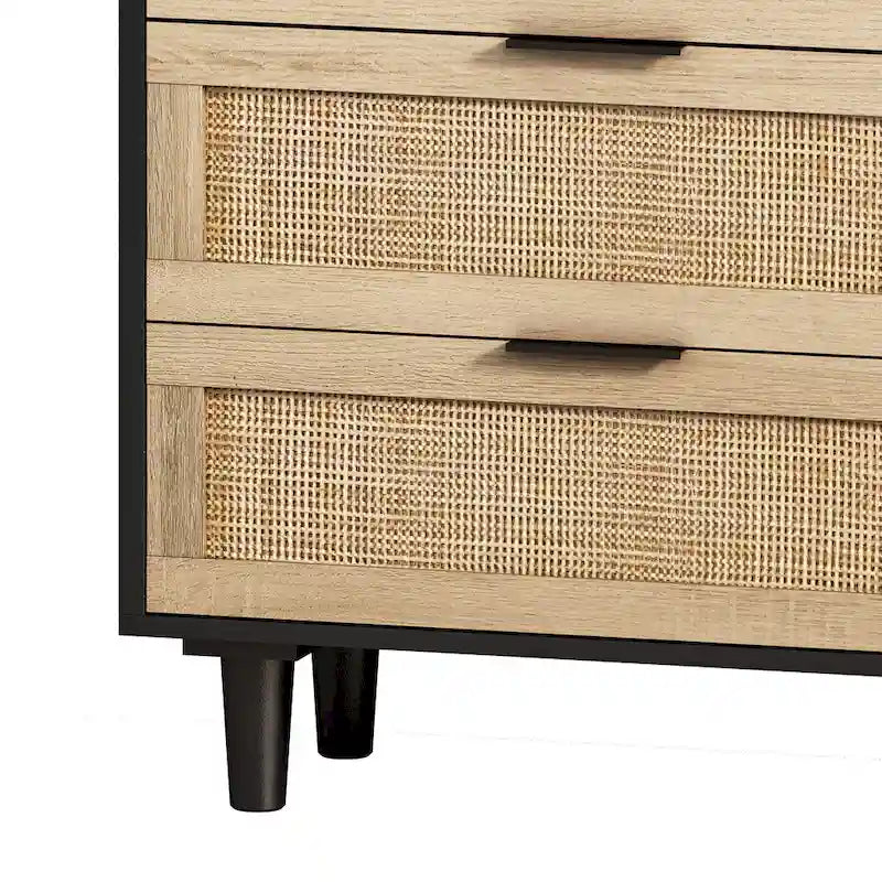 Black 6-Drawer Storage Cabinet with Natural Rattan Fronts