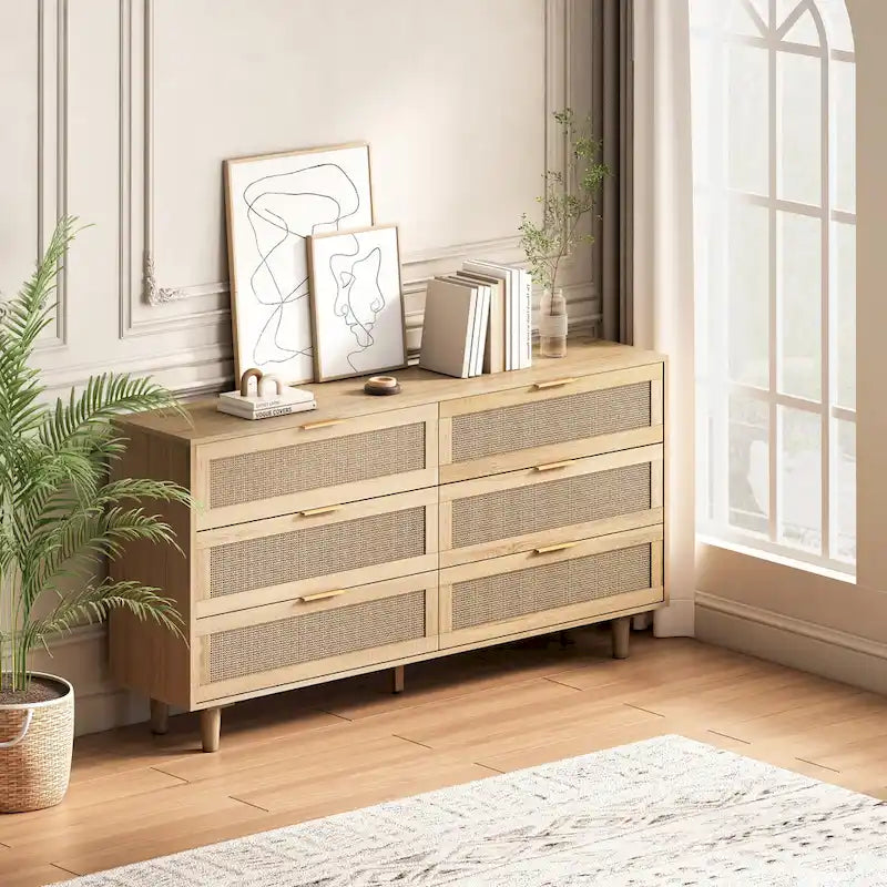 Black 6-Drawer Storage Cabinet with Natural Rattan Fronts