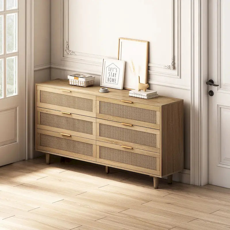 Black 6-Drawer Storage Cabinet with Natural Rattan Fronts
