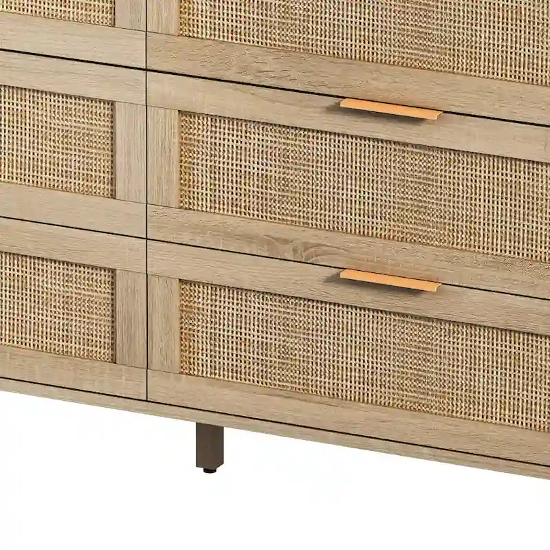 Black 6-Drawer Storage Cabinet with Natural Rattan Fronts
