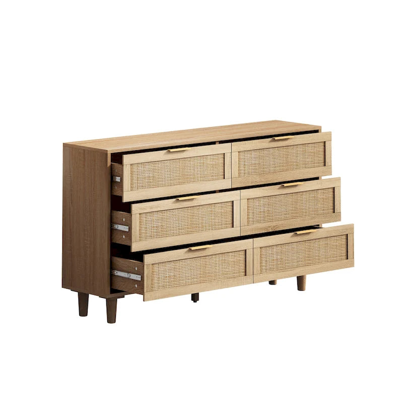 Black 6-Drawer Storage Cabinet with Natural Rattan Fronts