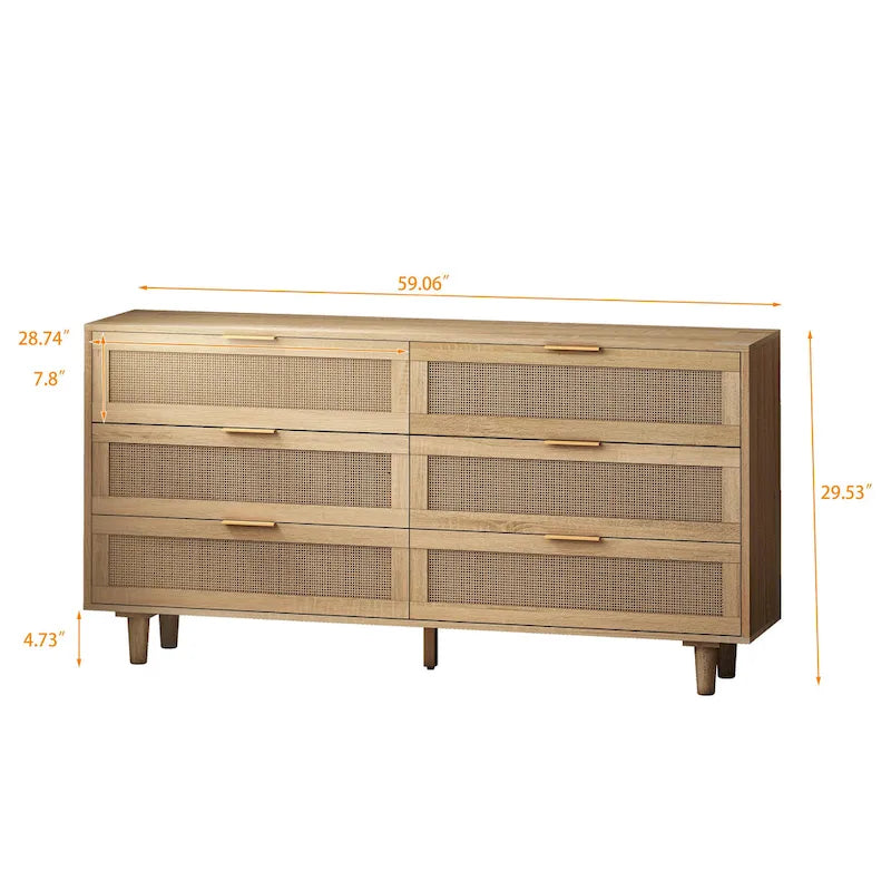 Black 6-Drawer Storage Cabinet with Natural Rattan Fronts