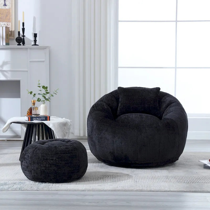 Round Chenille Bean Bag Chair with Ottoman and Pillow