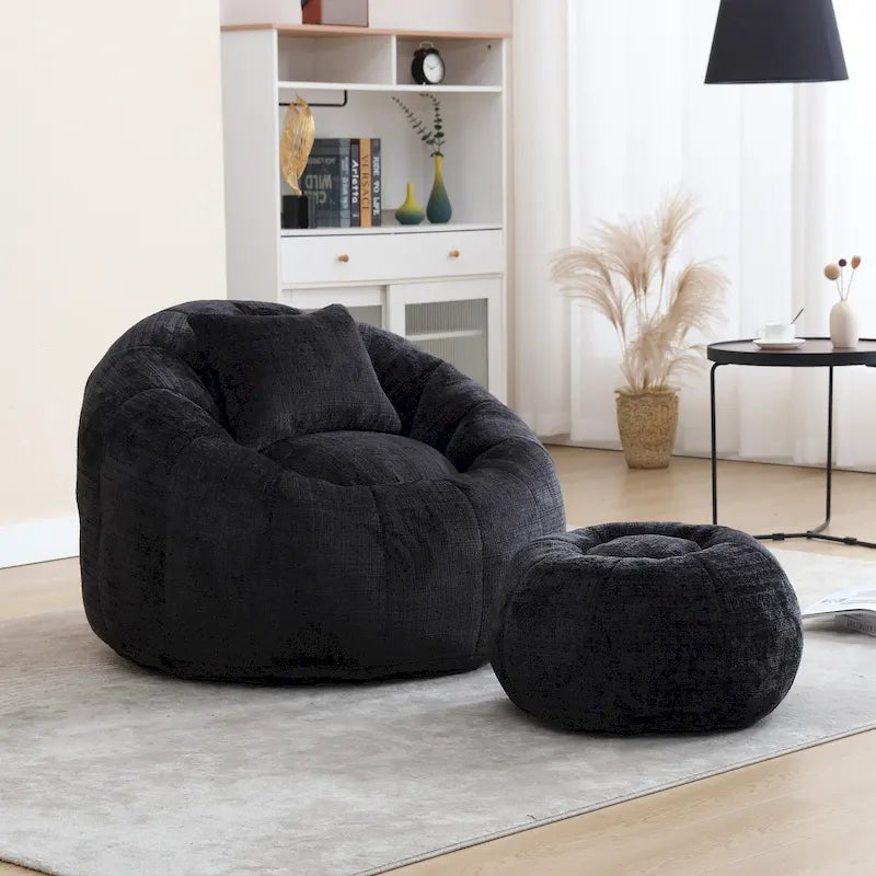 Round Chenille Bean Bag Chair with Ottoman and Pillow