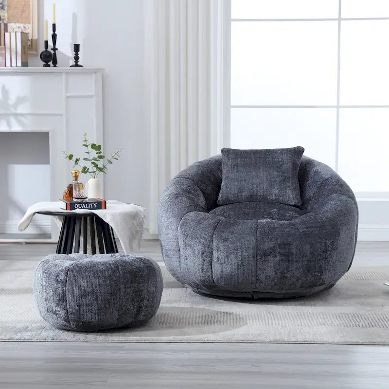 Round Chenille Bean Bag Chair with Ottoman and Pillow