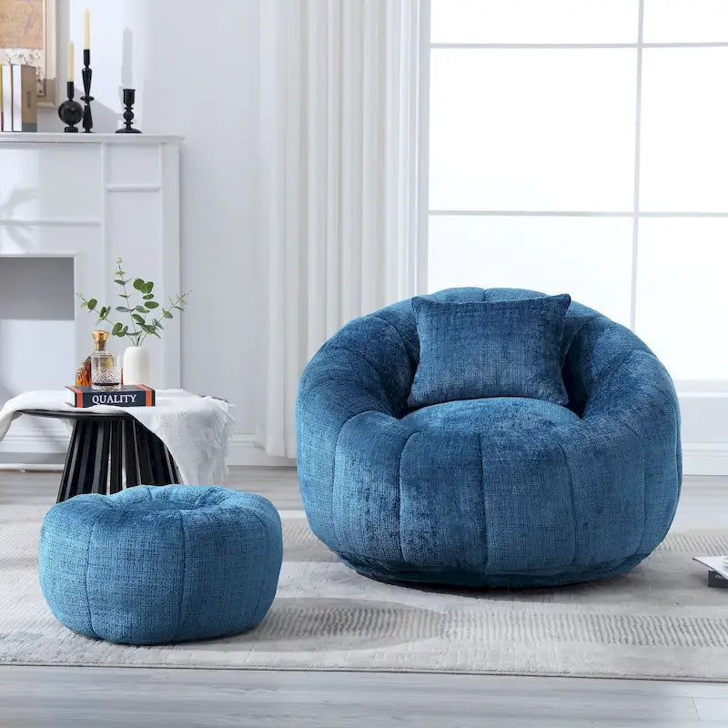 Round Chenille Bean Bag Chair with Ottoman and Pillow