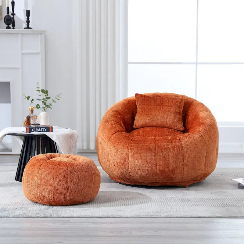 Round Chenille Bean Bag Chair with Ottoman and Pillow