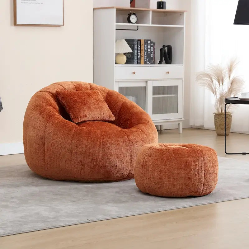 Round Chenille Bean Bag Chair with Ottoman and Pillow