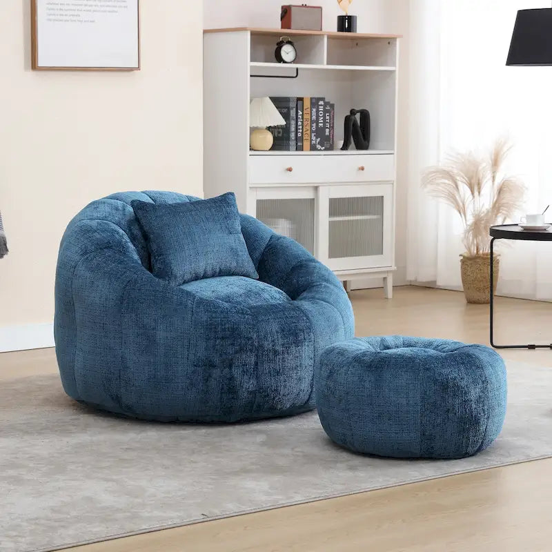 Round Chenille Bean Bag Chair with Ottoman and Pillow