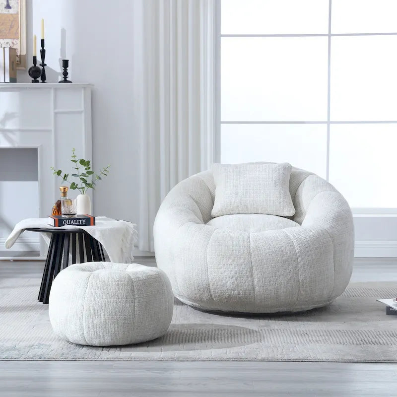 Round Chenille Bean Bag Chair with Ottoman and Pillow