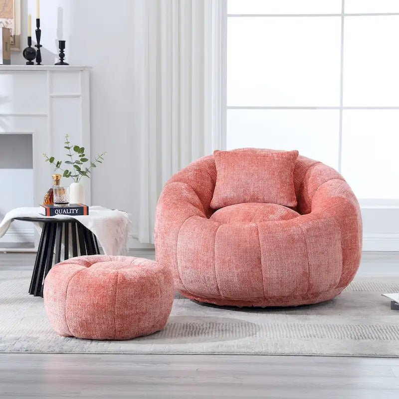 Round Chenille Bean Bag Chair with Ottoman and Pillow