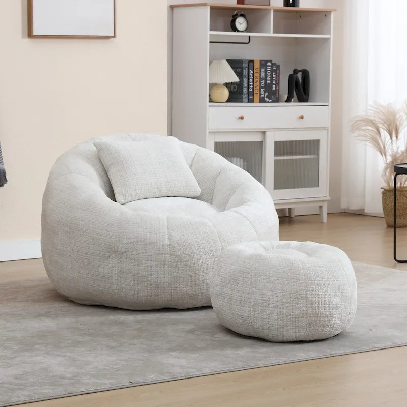 Round Chenille Bean Bag Chair with Ottoman and Pillow