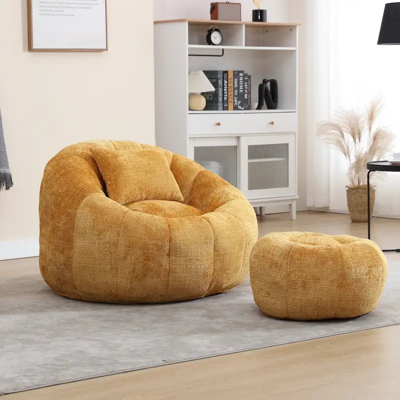 Round Chenille Bean Bag Chair with Ottoman and Pillow