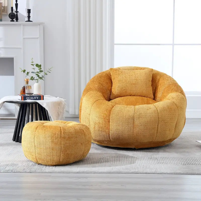 Round Chenille Bean Bag Chair with Ottoman and Pillow