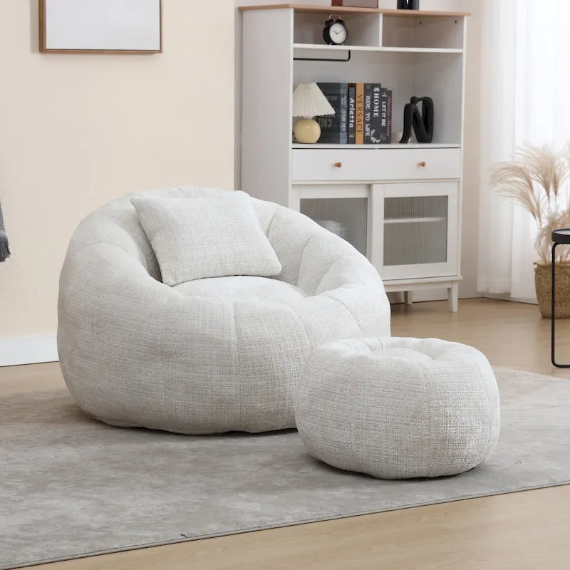 HOMEFUN Chenille Upholstered Round Lazy Cozy Bean Bag Chair with Ottoman and a Pillow