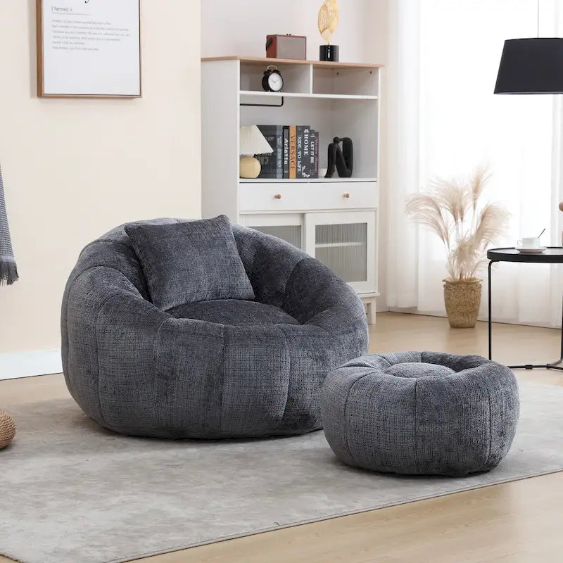 Round Chenille Bean Bag Chair with Ottoman and Pillow