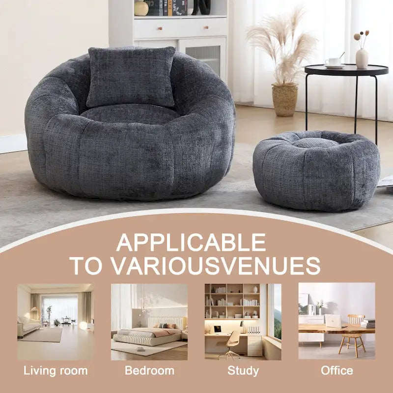 Round Chenille Bean Bag Chair with Ottoman and Pillow