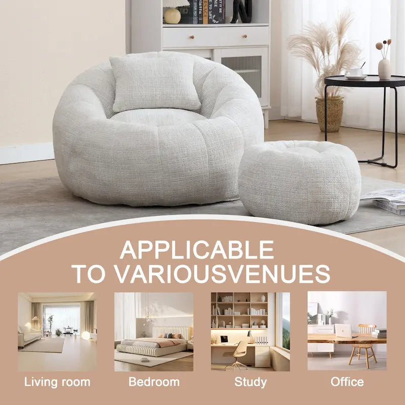 Okrągły fotel worek z szenilu z podnóżkiem i poduszką