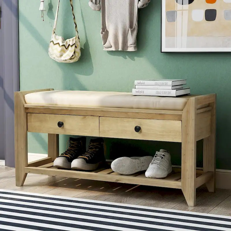Cushioned Entryway Bench with Two Drawers and Shoe Shelf
