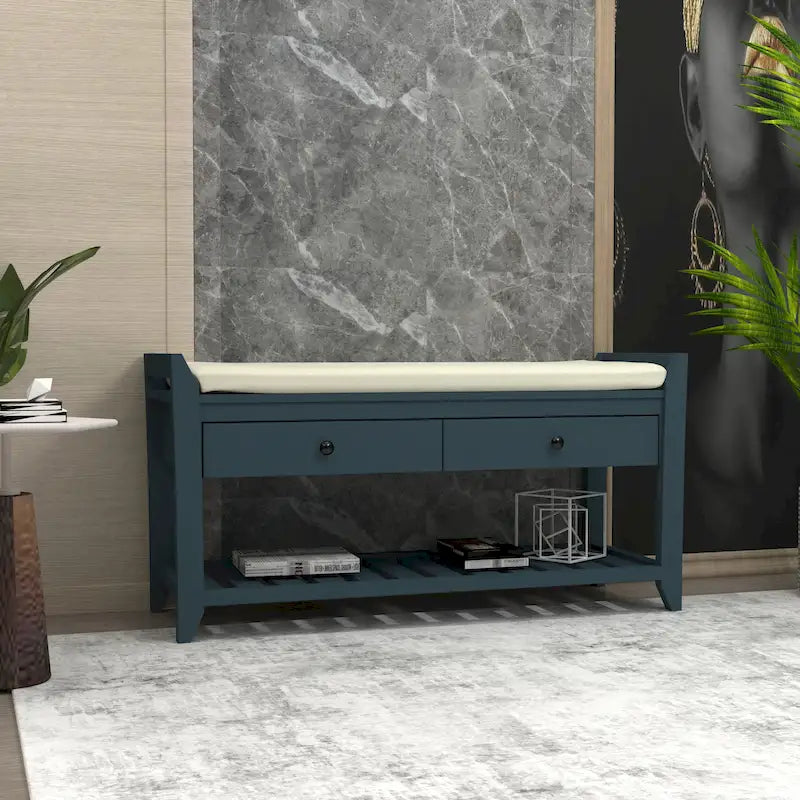 Cushioned Entryway Bench with Two Drawers and Shoe Shelf