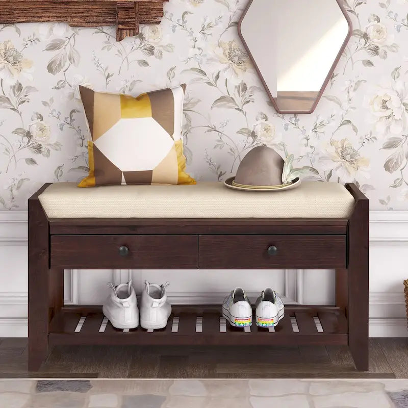 Cushioned Entryway Bench with Two Drawers and Shoe Shelf