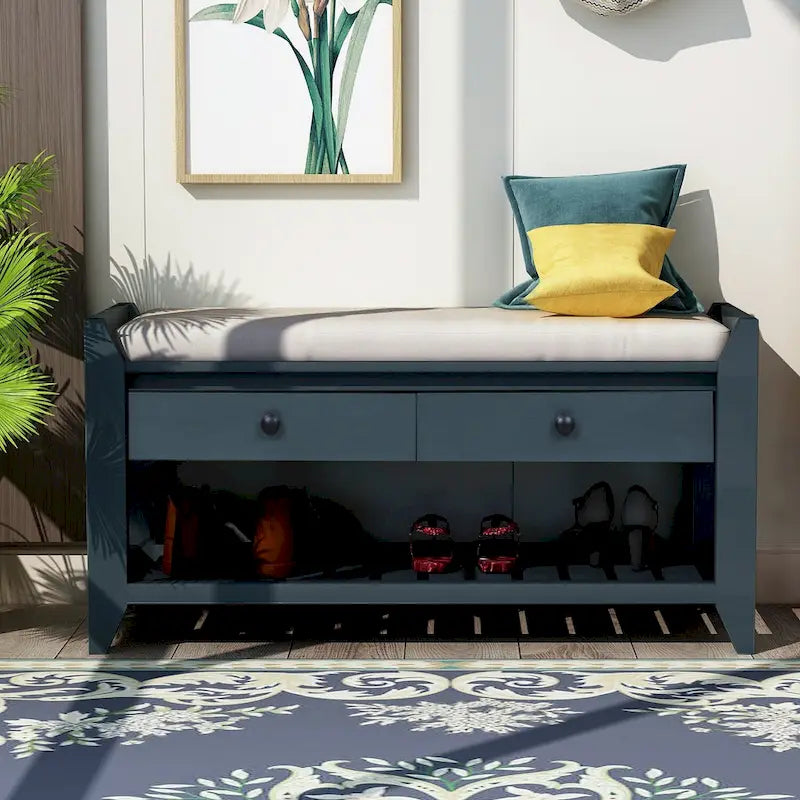 Cushioned Entryway Bench with Two Drawers and Shoe Shelf