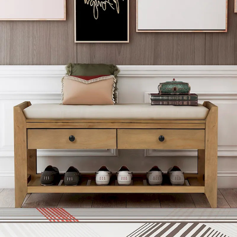 Cushioned Entryway Bench with Two Drawers and Shoe Shelf