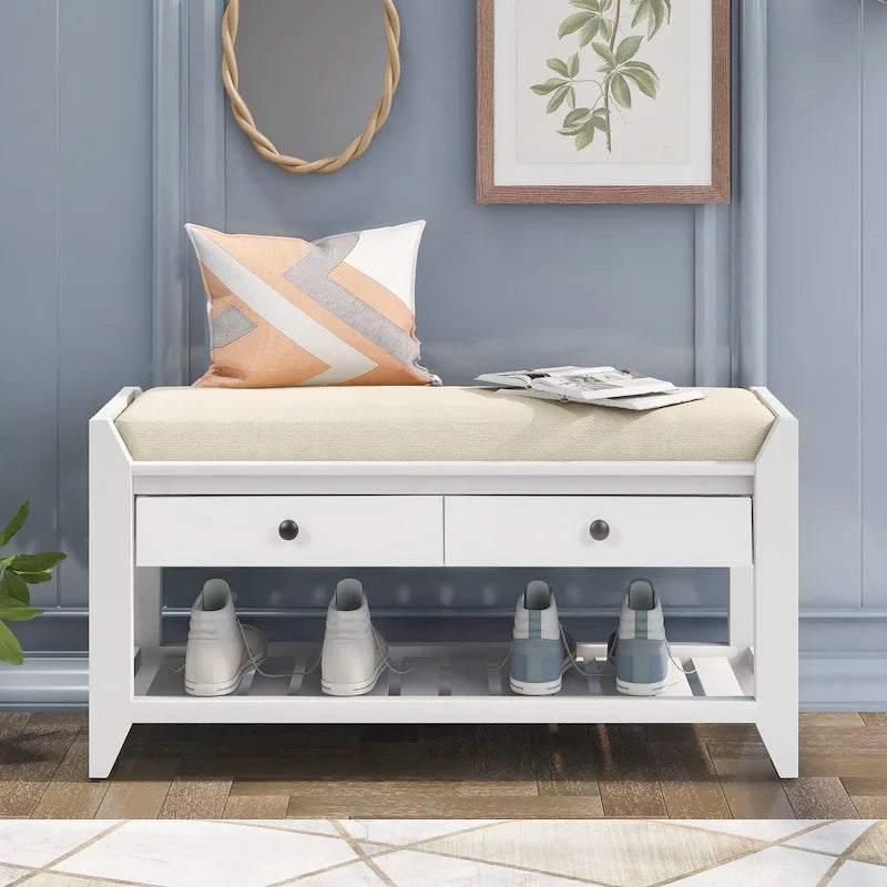 Cushioned Entryway Bench with Two Drawers and Shoe Shelf