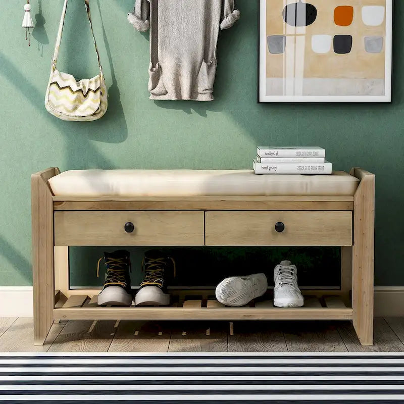 Cushioned Entryway Bench with Two Drawers and Shoe Shelf