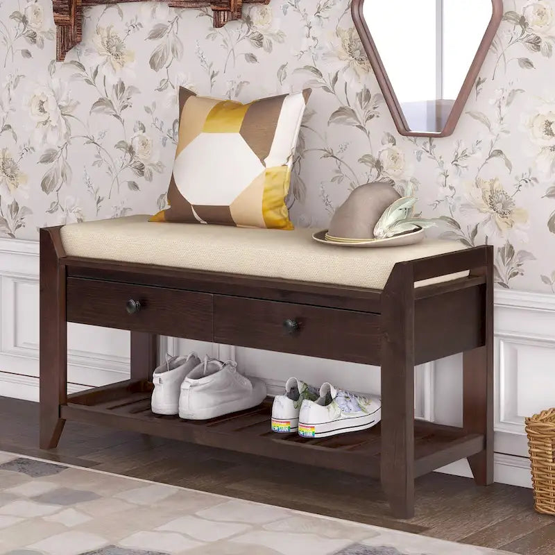 Cushioned Entryway Bench with Two Drawers and Shoe Shelf