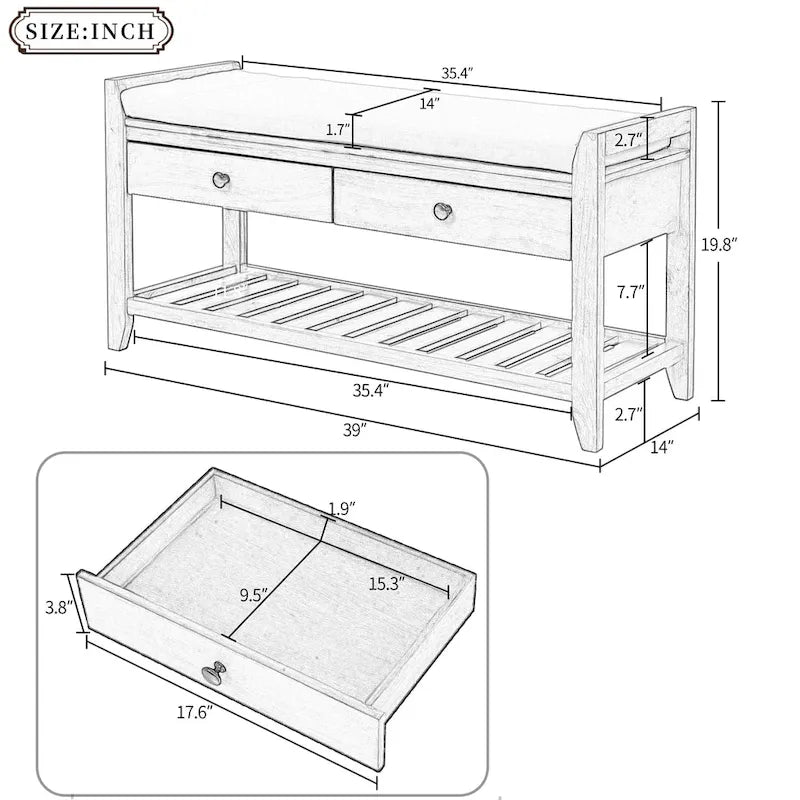 Cushioned Entryway Bench with Two Drawers and Shoe Shelf