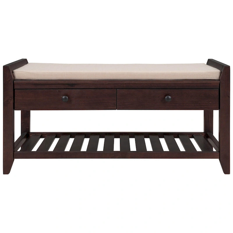 Cushioned Entryway Bench with Two Drawers and Shoe Shelf