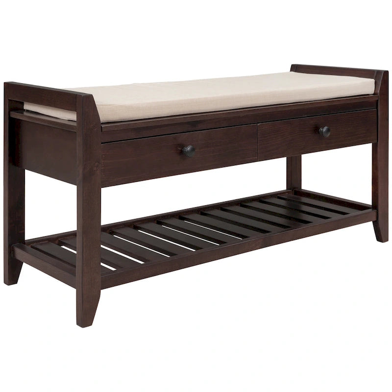 Cushioned Entryway Bench with Two Drawers and Shoe Shelf