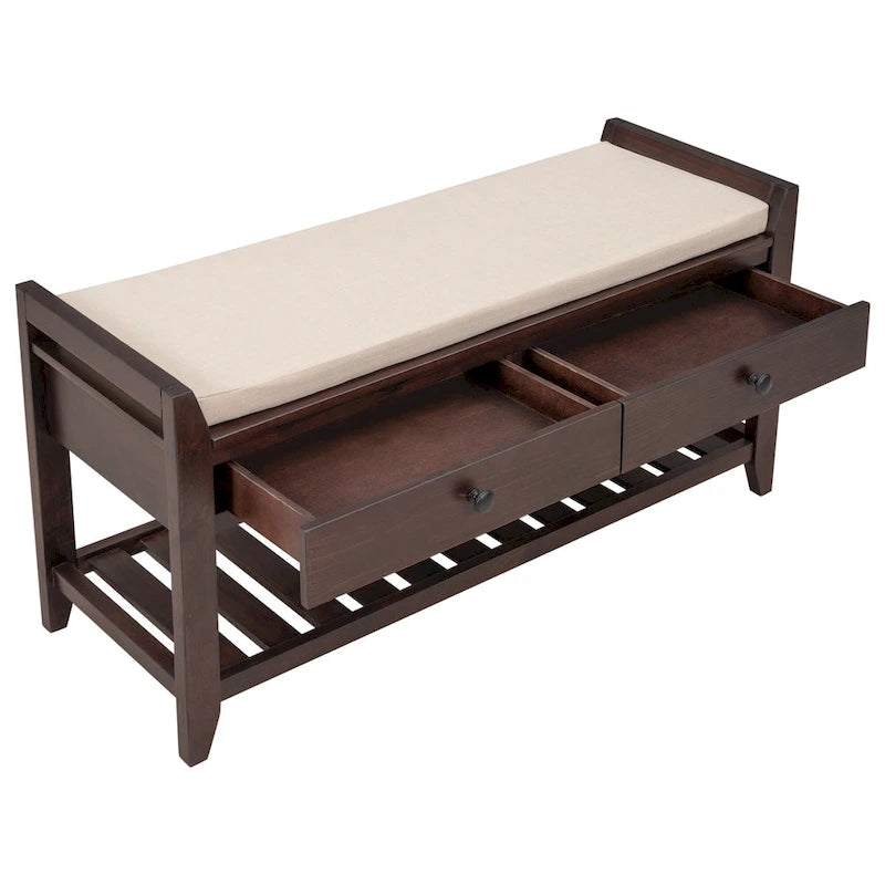 Cushioned Entryway Bench with Two Drawers and Shoe Shelf