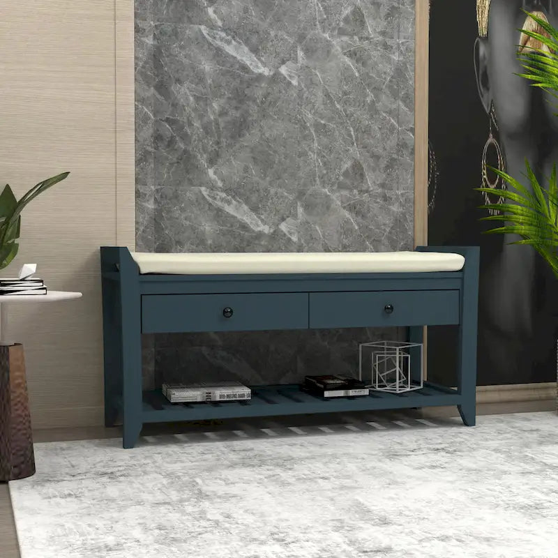 Cushioned Entryway Bench with Two Drawers and Shoe Shelf