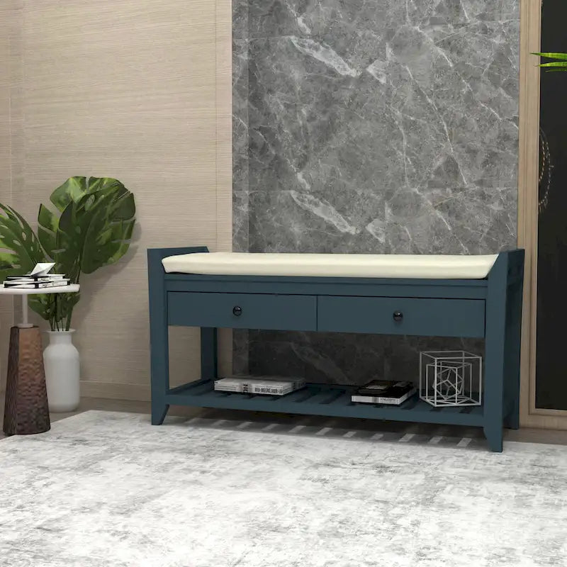 Cushioned Entryway Bench with Two Drawers and Shoe Shelf