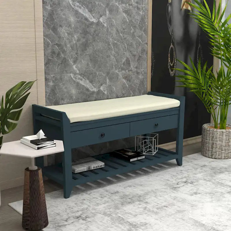Cushioned Entryway Bench with Two Drawers and Shoe Shelf