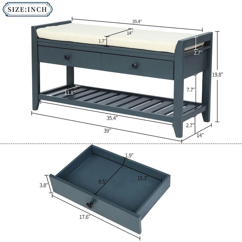 Cushioned Entryway Bench with Two Drawers and Shoe Shelf