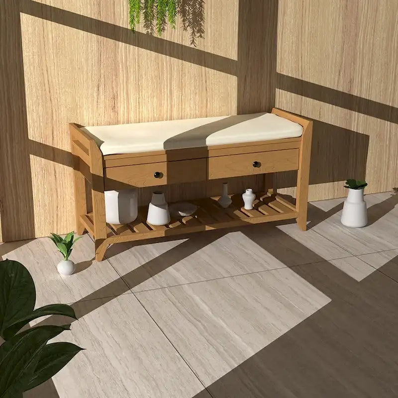 Cushioned Entryway Bench with Two Drawers and Shoe Shelf
