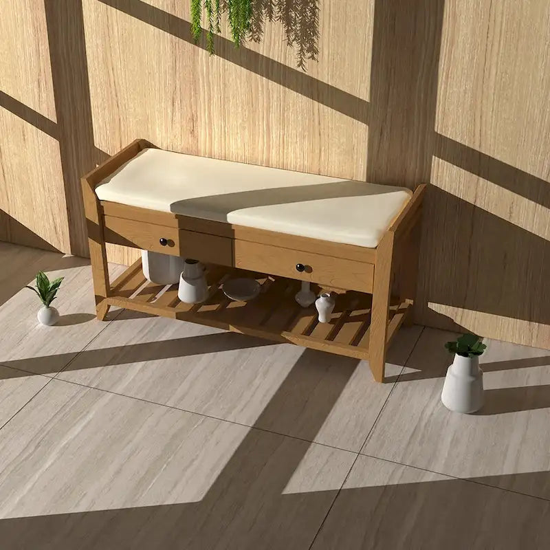 Cushioned Entryway Bench with Two Drawers and Shoe Shelf