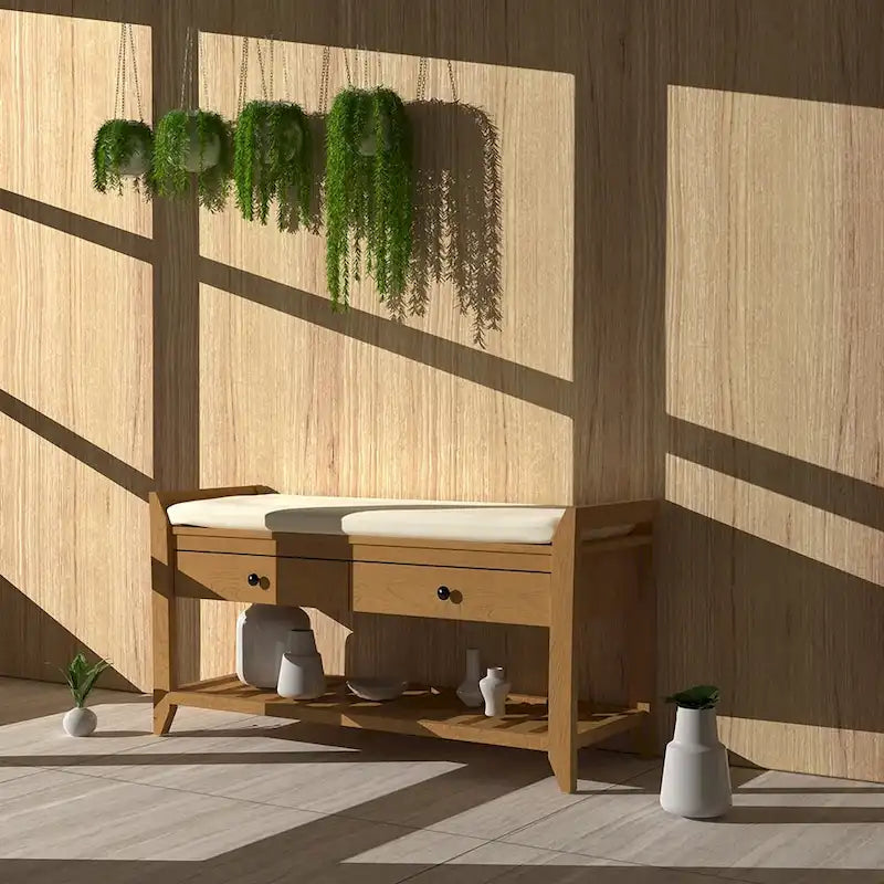 Cushioned Entryway Bench with Two Drawers and Shoe Shelf