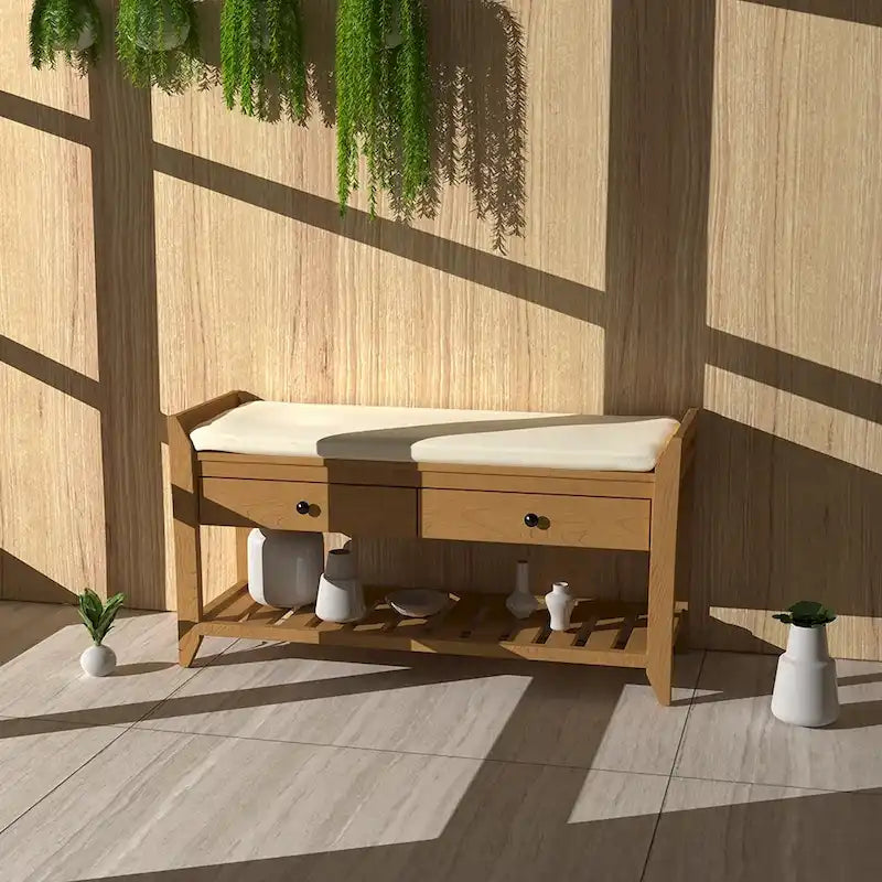 Cushioned Entryway Bench with Two Drawers and Shoe Shelf