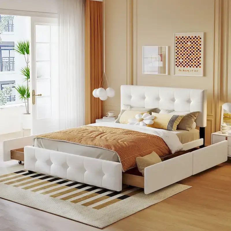 Queen Upholstered Platform Bed with Tufted Headboard and 4 Drawers