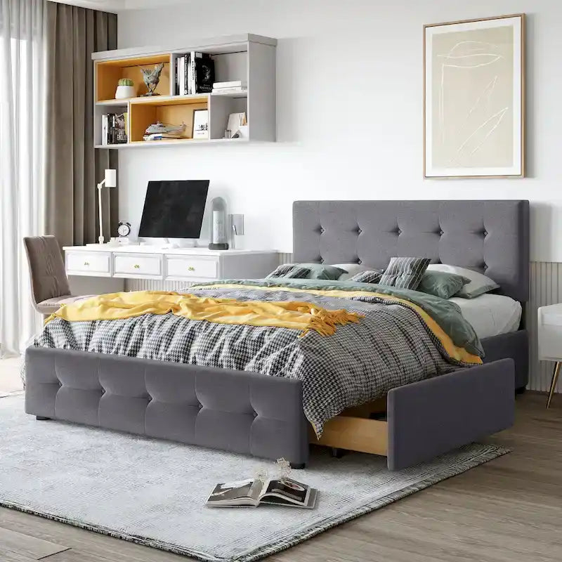 Queen Upholstered Platform Bed with Tufted Headboard and 4 Drawers