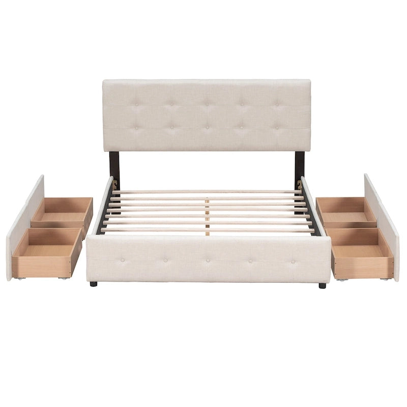 Queen Upholstered Platform Bed with Tufted Headboard and 4 Drawers
